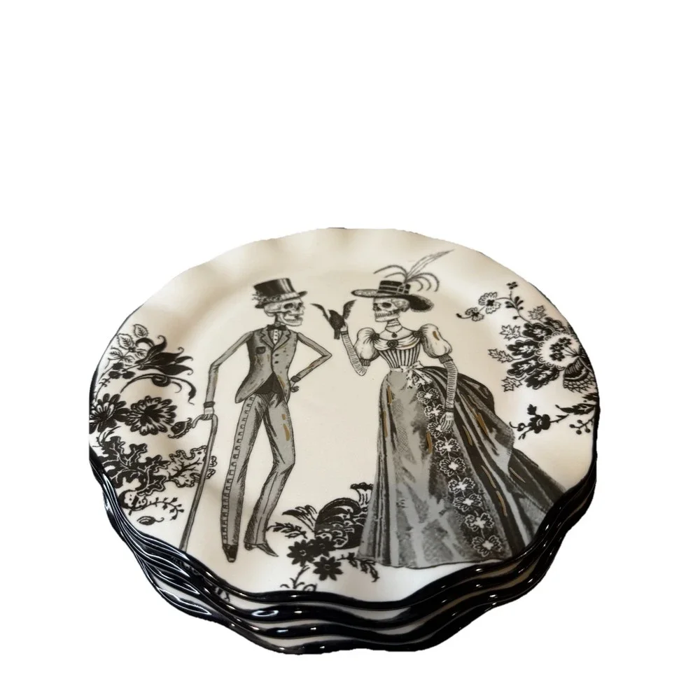 Set of 4 Potter's Studio‎ Halloween VICTORIAN SKELETON Salad Plates Specks -Gold